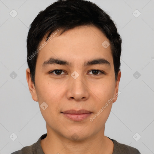 Joyful white young-adult male with short  black hair and brown eyes