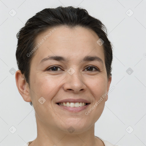 Joyful white young-adult female with short  brown hair and brown eyes