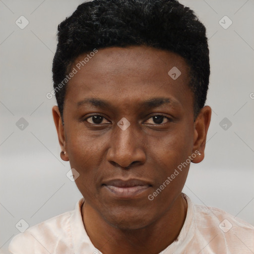 Neutral black young-adult male with short  black hair and brown eyes