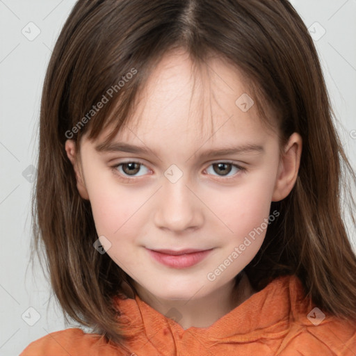 Joyful white child female with medium  brown hair and brown eyes