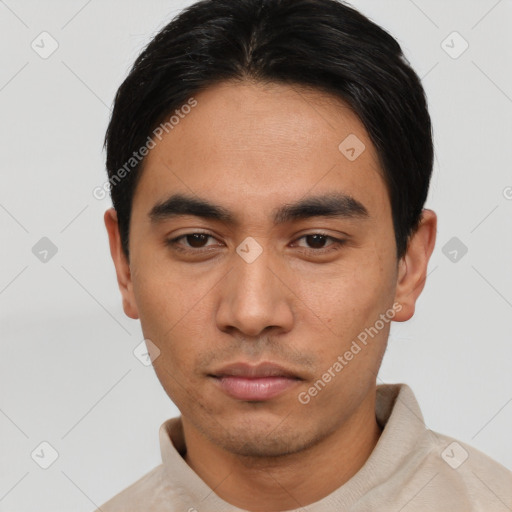 Neutral asian young-adult male with short  black hair and brown eyes