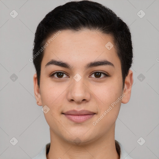 Joyful latino young-adult female with short  brown hair and brown eyes