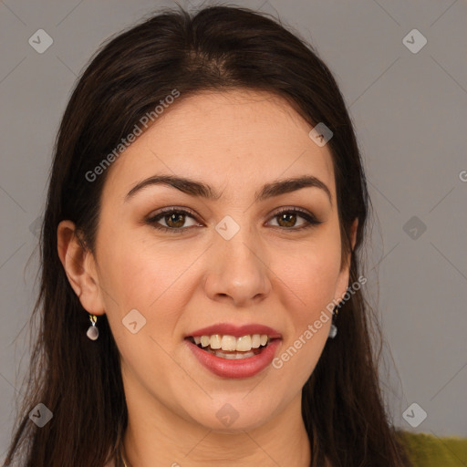 Joyful white young-adult female with long  brown hair and brown eyes