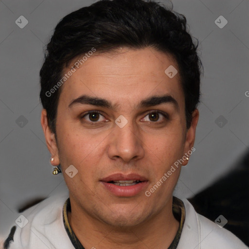 Neutral white young-adult male with short  black hair and brown eyes