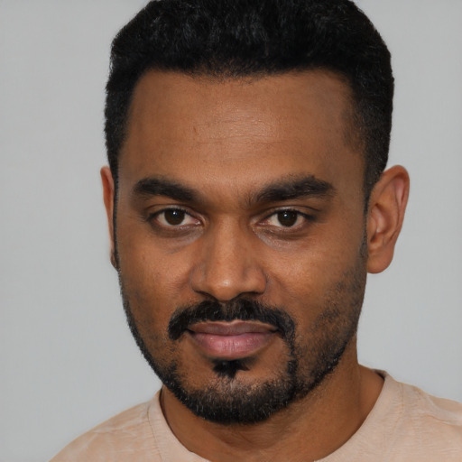 Neutral black young-adult male with short  black hair and brown eyes
