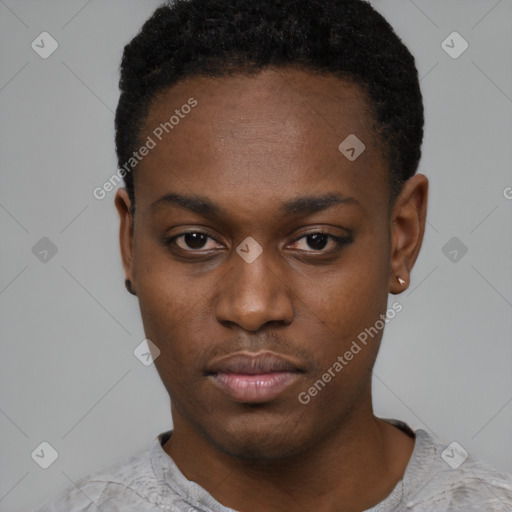 Neutral black young-adult male with short  black hair and brown eyes