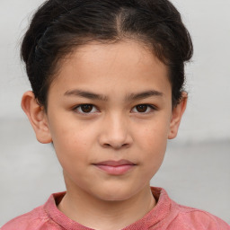 Joyful white child female with short  brown hair and brown eyes