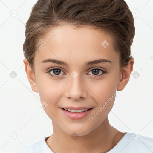 Joyful white child female with short  brown hair and brown eyes