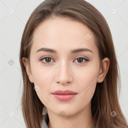 Neutral white young-adult female with long  brown hair and brown eyes