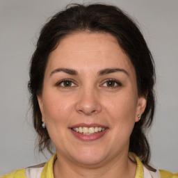 Joyful white adult female with medium  brown hair and brown eyes