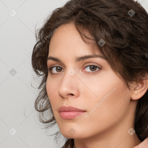 Neutral white young-adult female with medium  brown hair and brown eyes