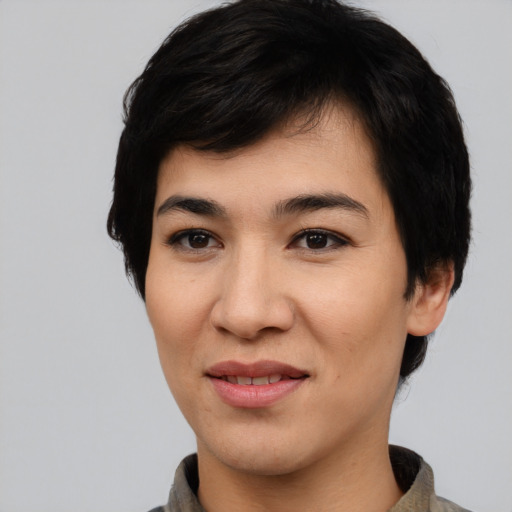 Joyful asian young-adult female with short  black hair and brown eyes