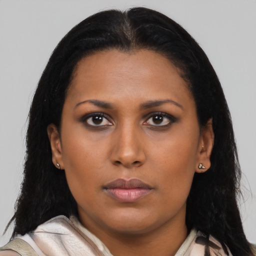 Neutral asian young-adult female with long  brown hair and brown eyes