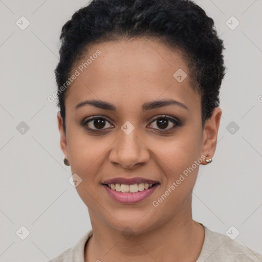 Joyful latino young-adult female with short  black hair and brown eyes