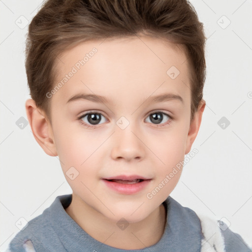 Joyful white child female with short  brown hair and brown eyes