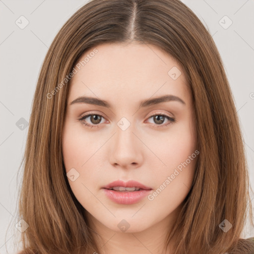 Neutral white young-adult female with long  brown hair and brown eyes