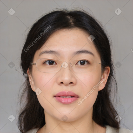 Joyful asian young-adult female with medium  brown hair and brown eyes