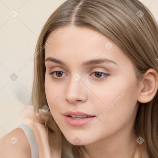 Neutral white young-adult female with long  brown hair and brown eyes