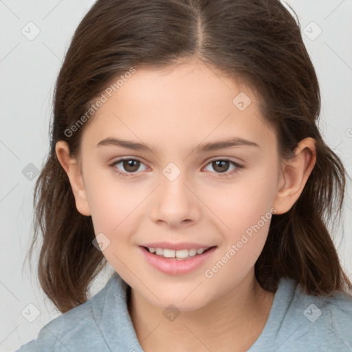 Joyful white child female with medium  brown hair and brown eyes