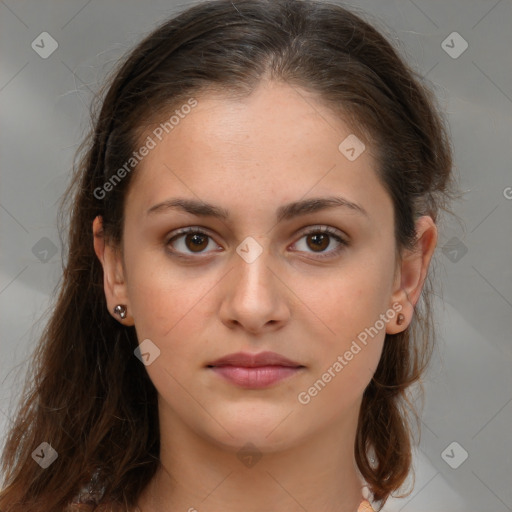 Neutral white young-adult female with medium  brown hair and brown eyes