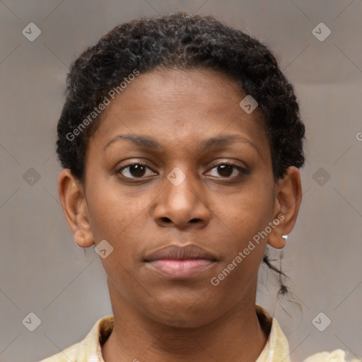 Neutral black young-adult female with short  brown hair and brown eyes