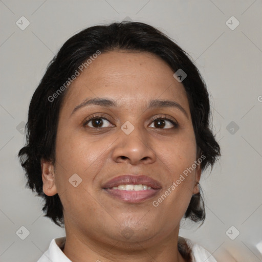 Joyful white young-adult female with medium  brown hair and brown eyes