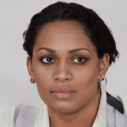 Neutral black young-adult female with short  black hair and brown eyes