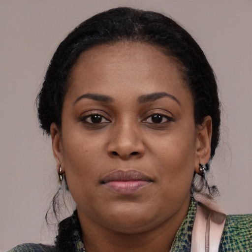 Joyful black young-adult female with medium  brown hair and brown eyes