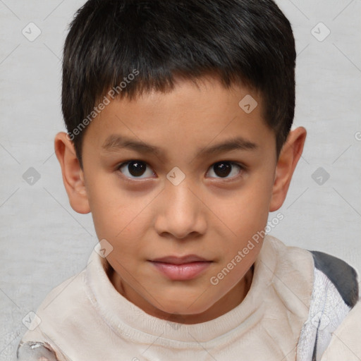 Joyful white child male with short  brown hair and brown eyes