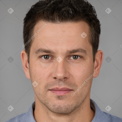 Neutral white adult male with short  brown hair and brown eyes