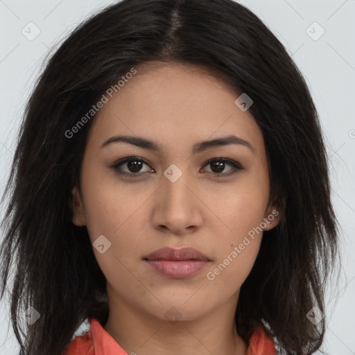 Joyful latino young-adult female with long  brown hair and brown eyes