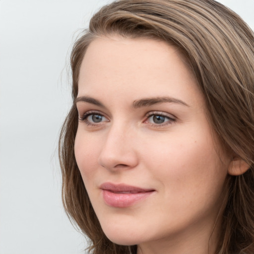 Neutral white young-adult female with long  brown hair and grey eyes