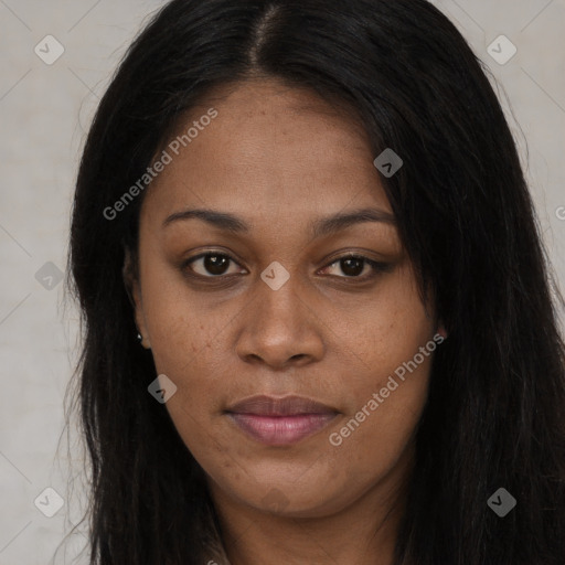 Joyful black young-adult female with long  brown hair and brown eyes