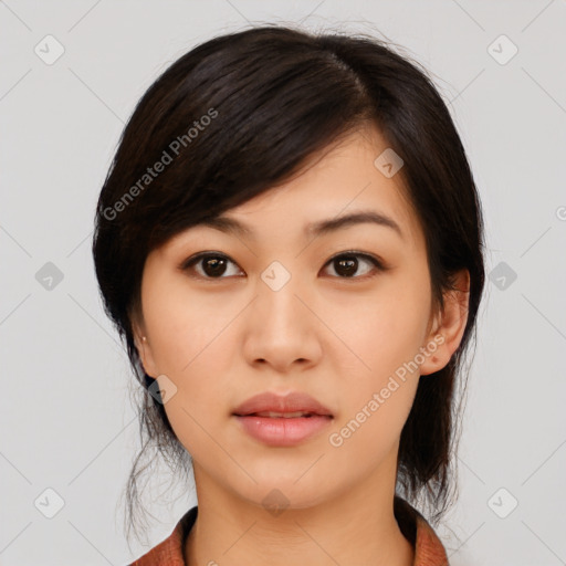 Neutral asian young-adult female with medium  black hair and brown eyes