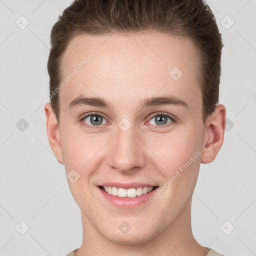 Joyful white young-adult female with short  brown hair and grey eyes