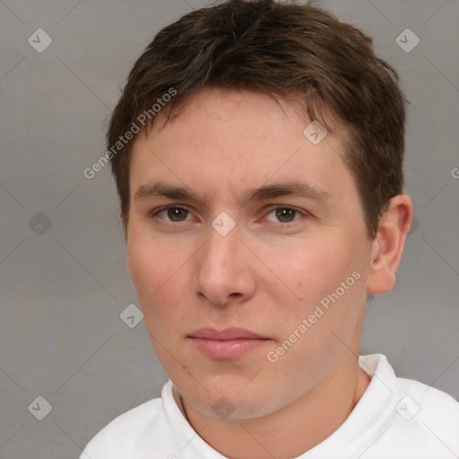 Neutral white young-adult male with short  brown hair and brown eyes