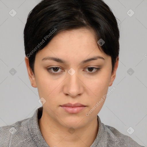 Neutral white young-adult female with short  brown hair and brown eyes