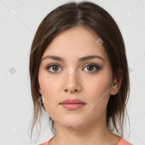 Neutral white young-adult female with medium  brown hair and brown eyes