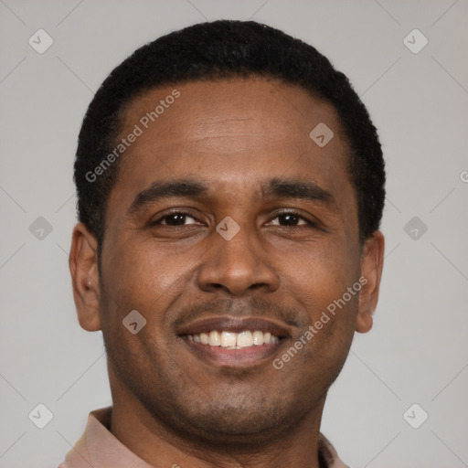 Joyful latino young-adult male with short  brown hair and brown eyes