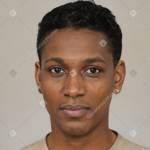 Neutral black young-adult male with short  black hair and brown eyes