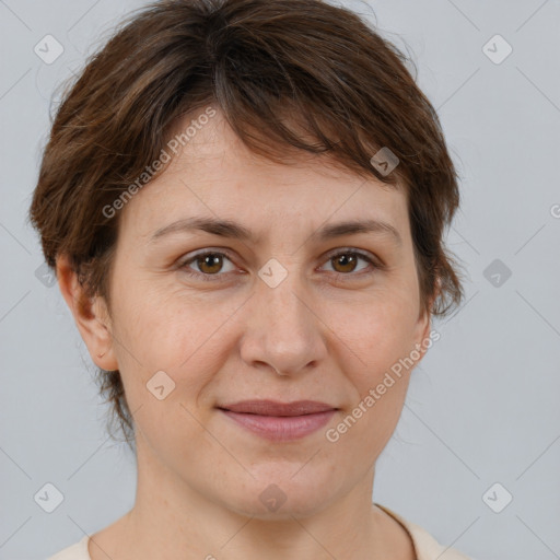 Joyful white adult female with medium  brown hair and brown eyes