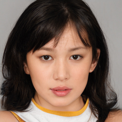 Neutral asian young-adult female with medium  brown hair and brown eyes