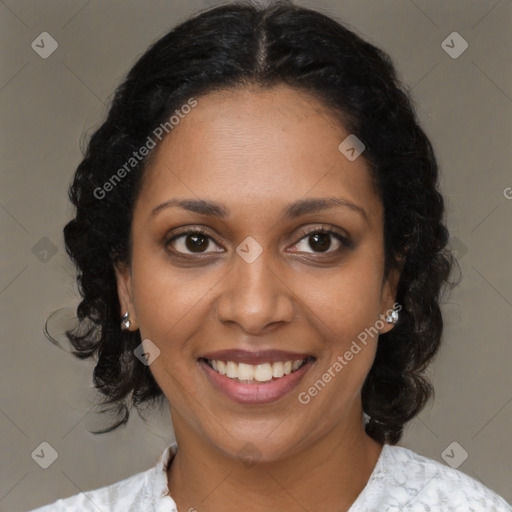 Joyful black young-adult female with medium  brown hair and brown eyes