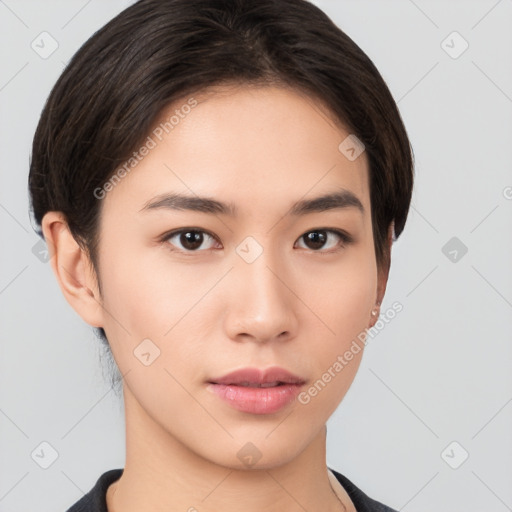 Neutral asian young-adult female with medium  brown hair and brown eyes