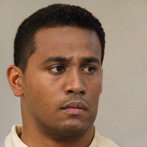 Neutral black young-adult male with short  brown hair and brown eyes