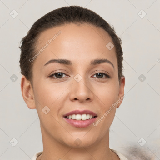 Joyful white young-adult female with short  brown hair and brown eyes