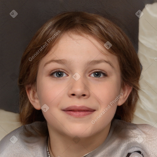 Joyful white child female with medium  brown hair and brown eyes