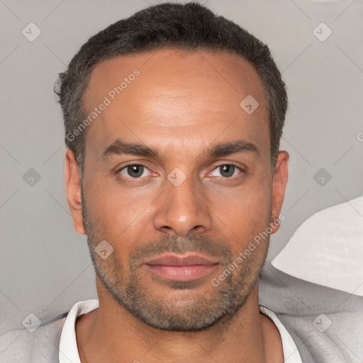 Neutral white adult male with short  brown hair and brown eyes