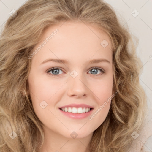 Joyful white young-adult female with long  brown hair and green eyes