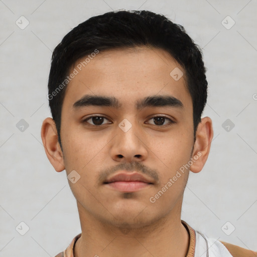 Neutral asian young-adult male with short  black hair and brown eyes